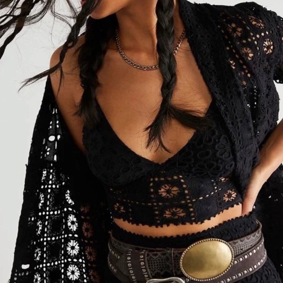 Free People Yesenia Crochet Lace 4 / S Black 3-Pc Bralette Mini Skirt Jacket Set - Picture 2 of 13